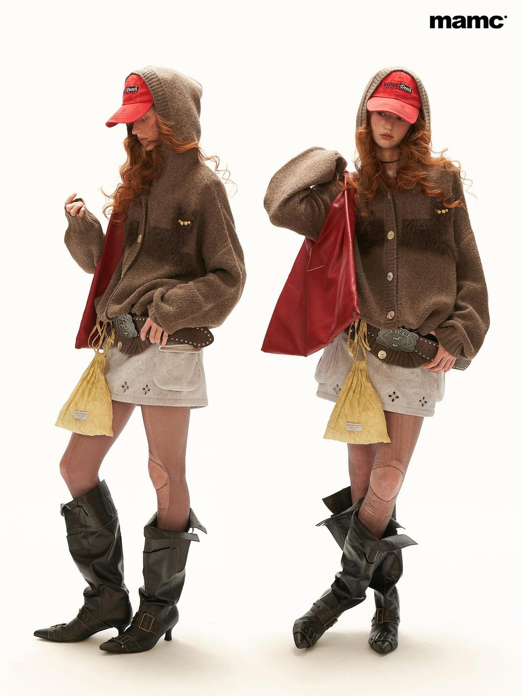 mamc Hooded Cat Print Loose Fit Women's Knit Button-up Cardigans
