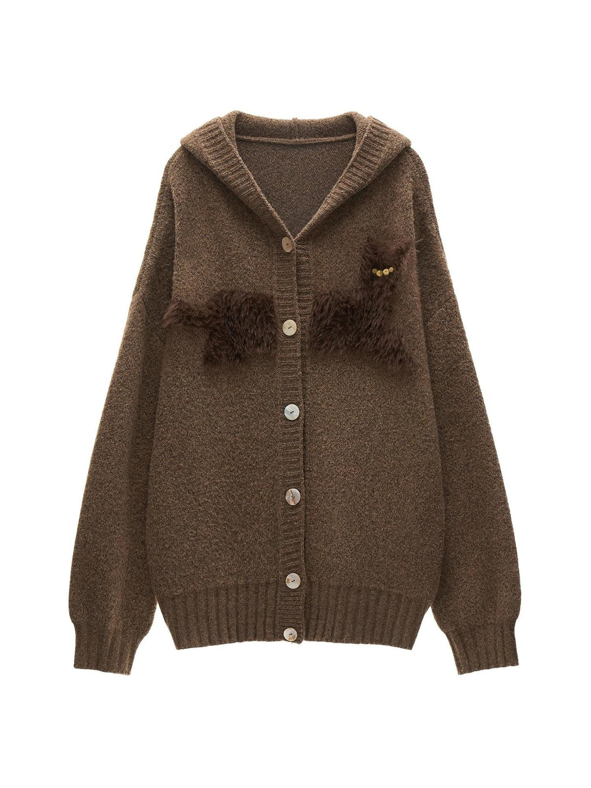 mamc Hooded Cat Print Loose Fit Women's Knit Button-up Cardigans