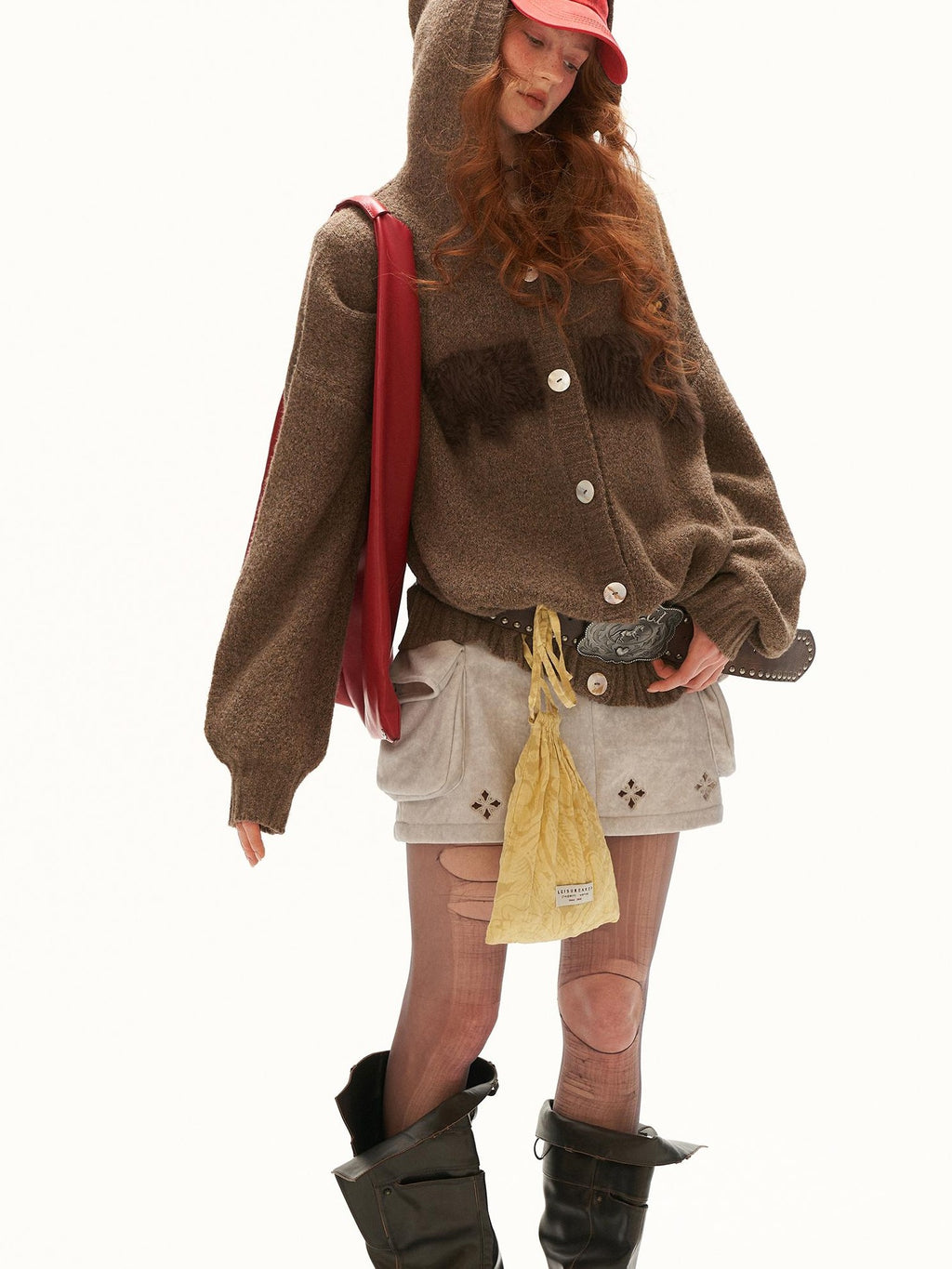 mamc Hooded Cat Print Loose Fit Women's Knit Button-up Cardigans