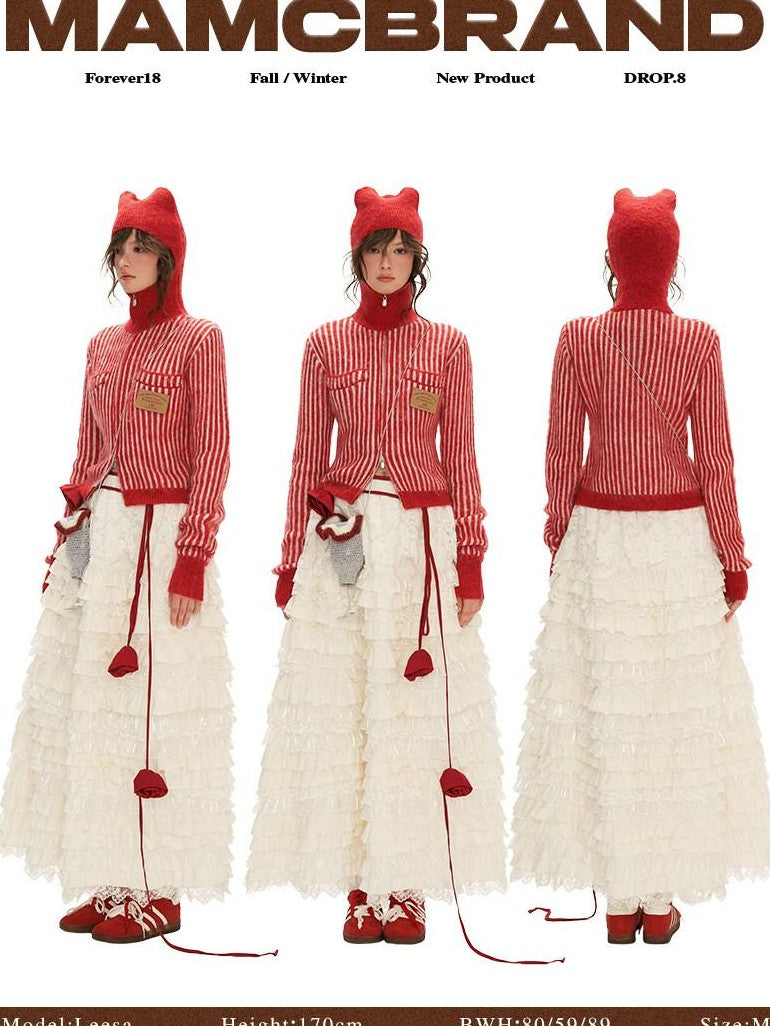 mamc Hooded Fuzzy Striped Double Zipper Women's Acrylic Wool Blend Cardigans