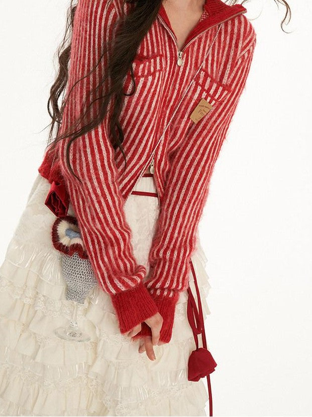 mamc Hooded Fuzzy Striped Double Zipper Women's Acrylic Wool Blend Cardigans