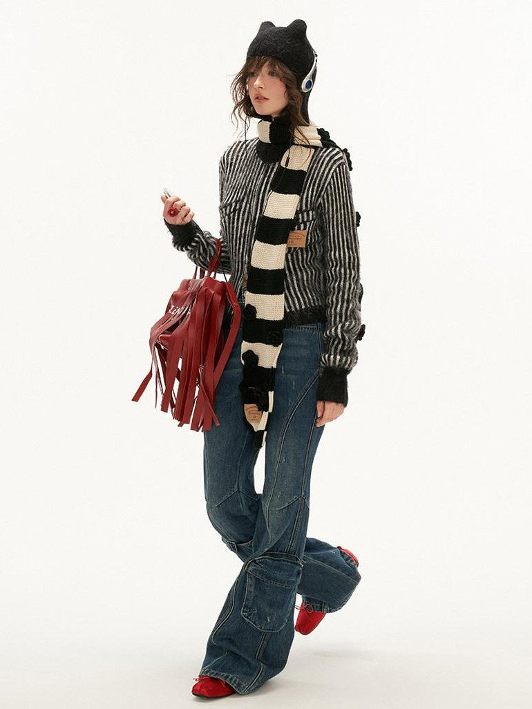 mamc Hooded Fuzzy Striped Double Zipper Women's Acrylic Wool Blend Cardigans