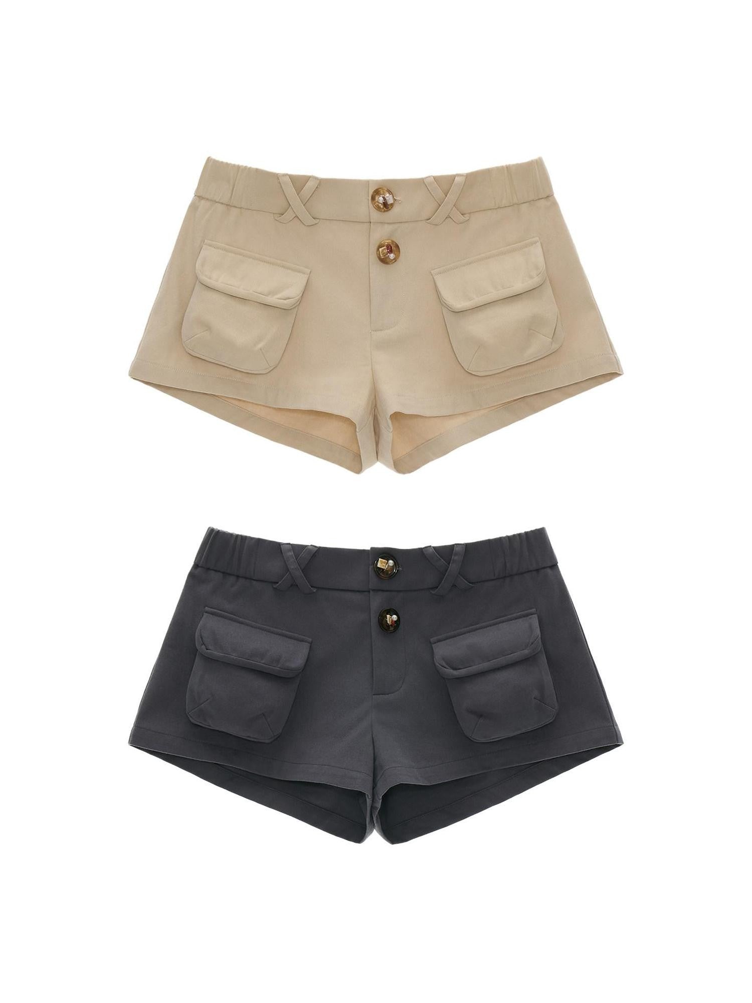 mamc Khaki Workwear Cargo Pocket Low Waist Women's Cotton Sweat Shorts