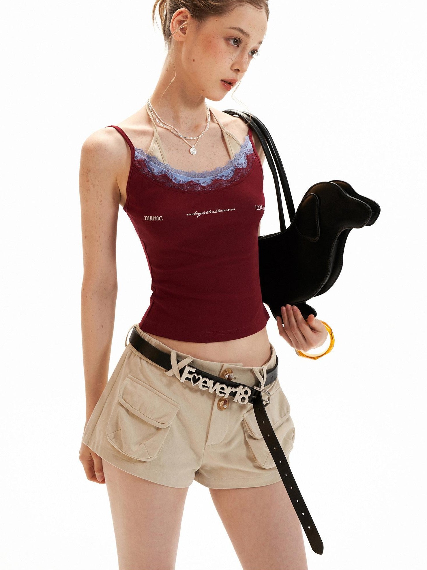 mamc Khaki Workwear Cargo Pocket Low Waist Women's Cotton Sweat Shorts