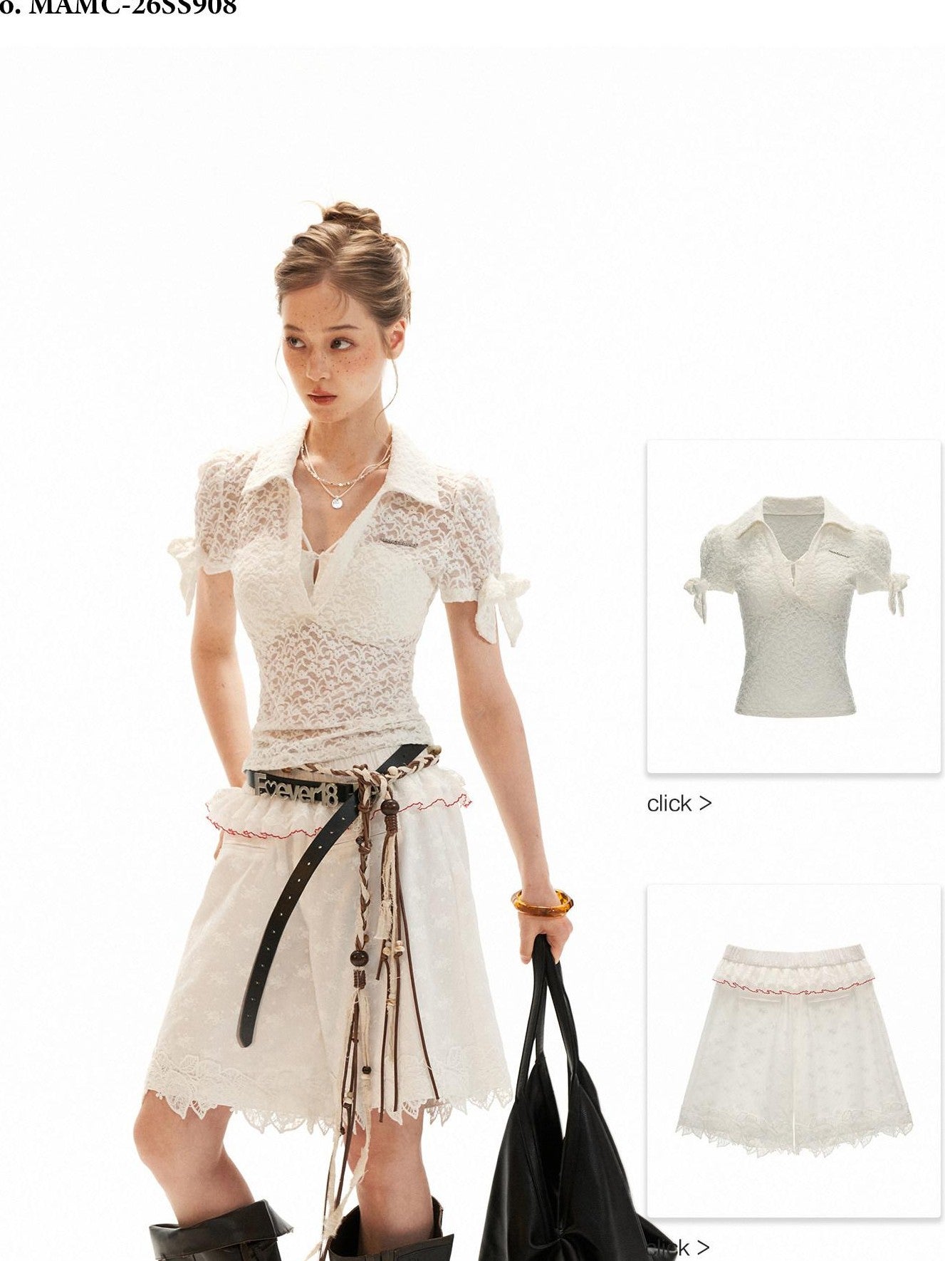 mamc Lace Bow Puff Sleeve Polo Collar Faux Two Piece Women's Short Sleeve T-shirts