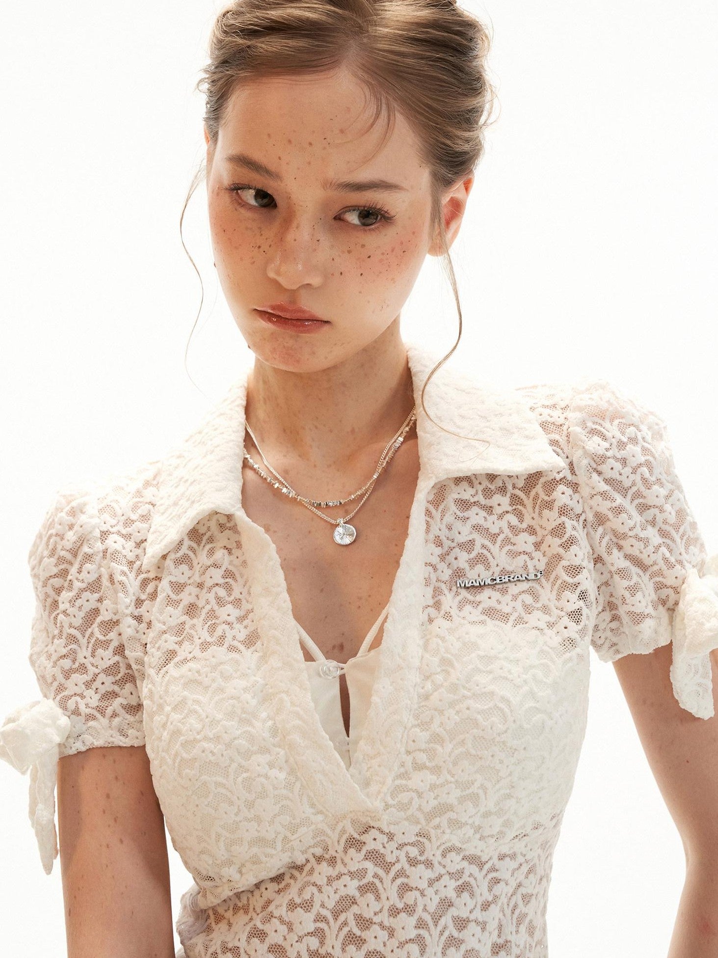 mamc Lace Bow Puff Sleeve Polo Collar Faux Two Piece Women's Short Sleeve T-shirts