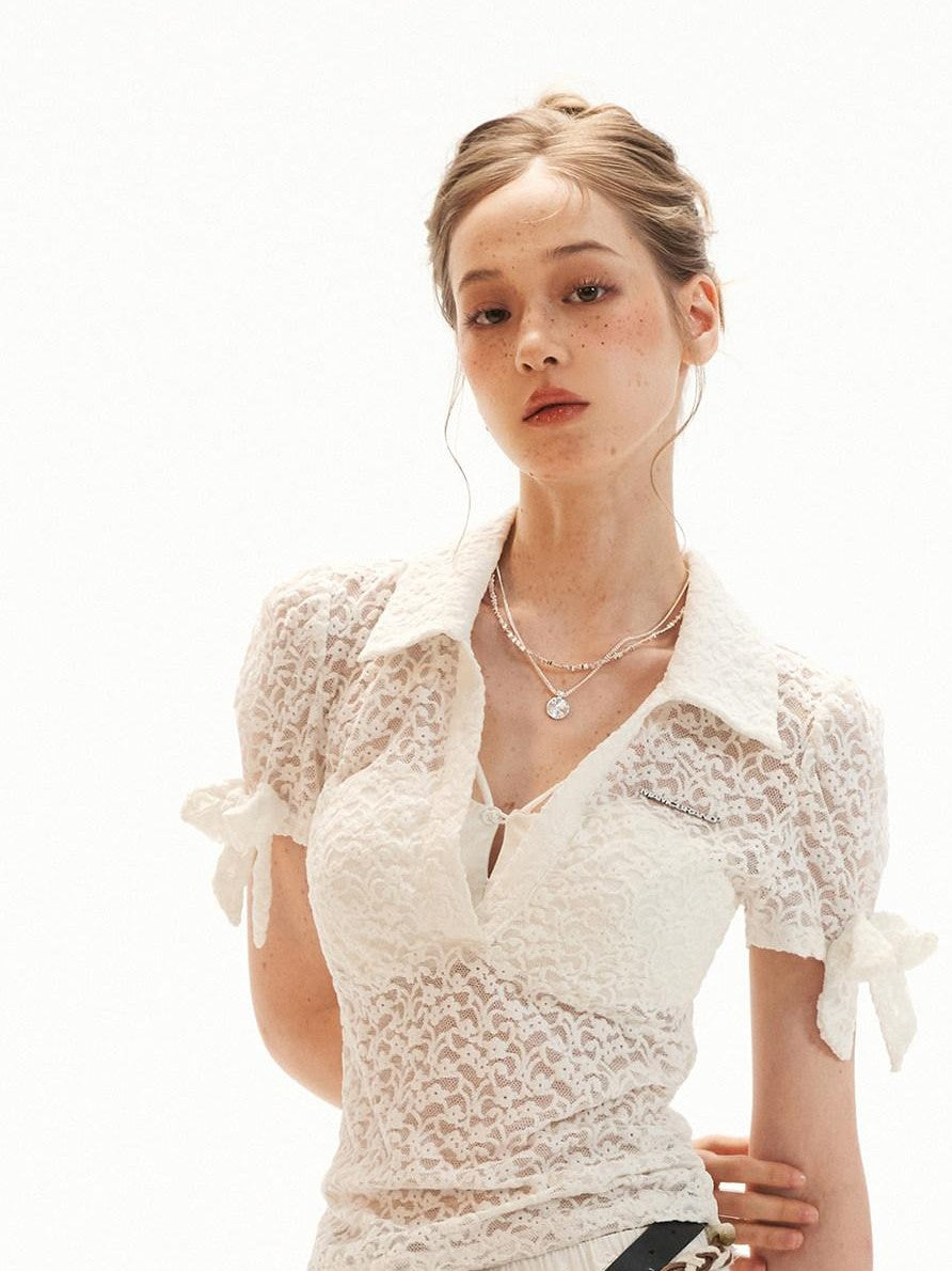 mamc Lace Bow Puff Sleeve Polo Collar Faux Two Piece Women's Short Sleeve T-shirts