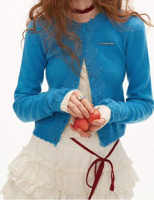 mamc Lace Trim Slim Fit Long Sleeve Women's Acrylic Nylon Blend Cropped Cardigans