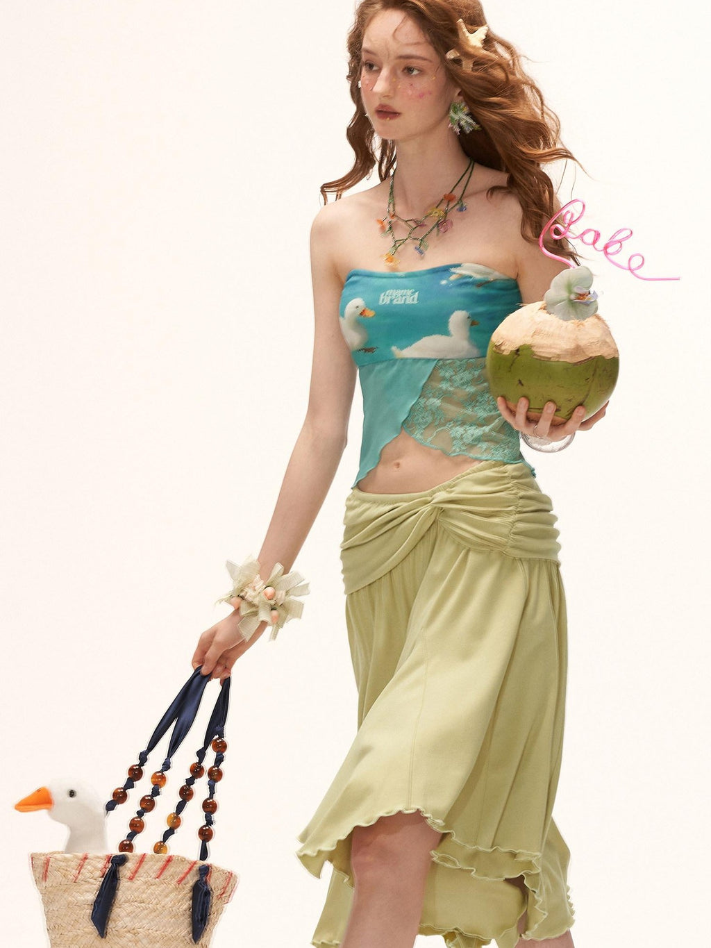 mamc Lake Blue Duck Print Strappy Women's Polyester Stretch Tube Tops