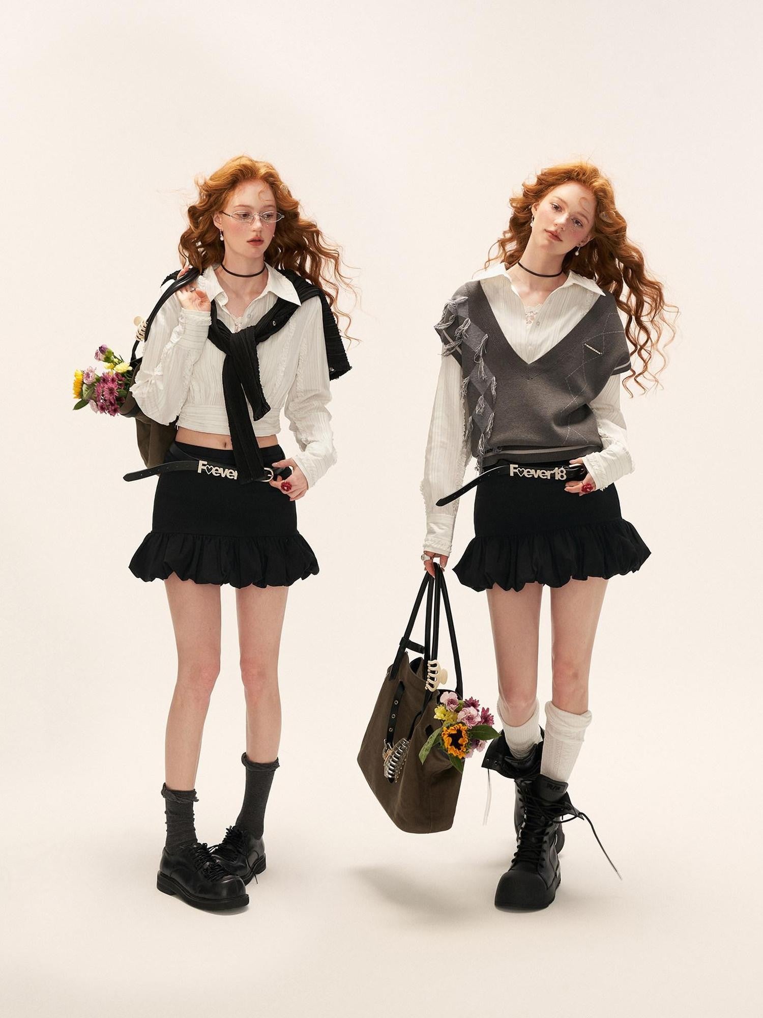 mamc Layered Striped Cinched Waist Women's Cotton Blend Cropped Shirts
