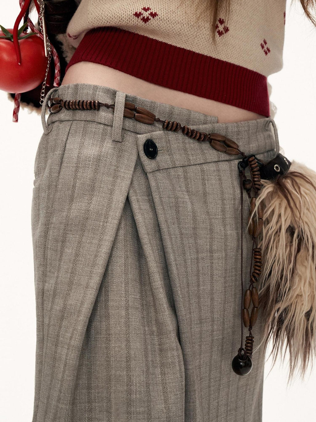 mamc Light Gray Deconstructed Pleated Striped Women's Polyester Tailored Pants