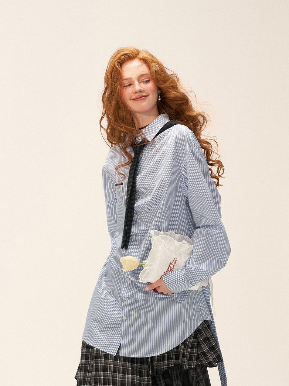 mamc Longline Striped Bow Tie Long Sleeve Women's Cotton Oversized Shirts