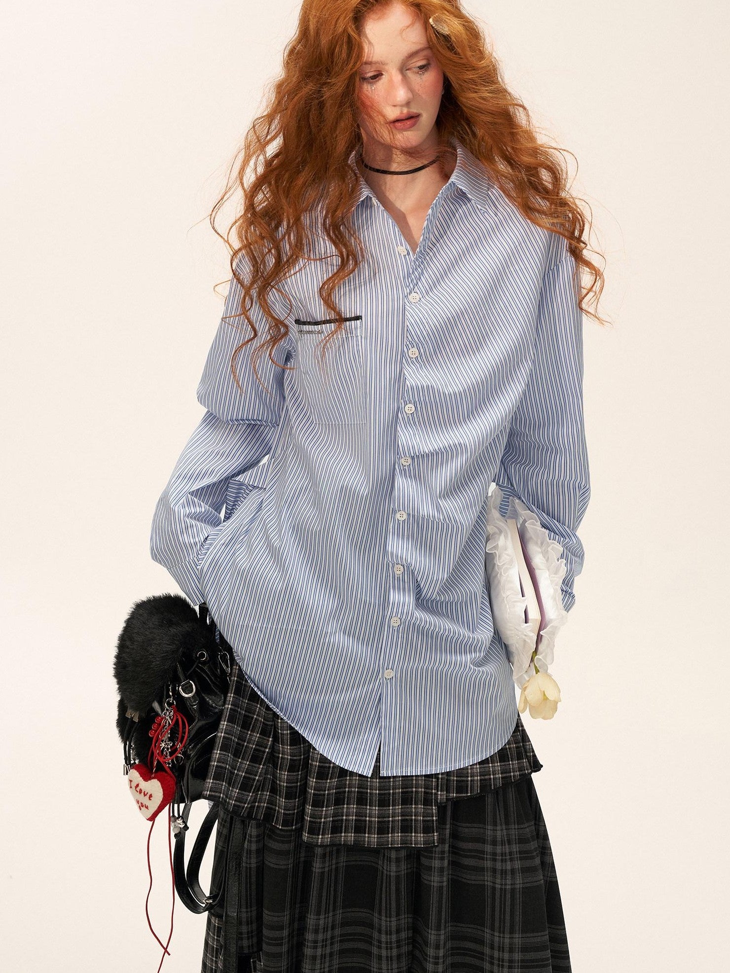 mamc Longline Striped Bow Tie Long Sleeve Women's Cotton Oversized Shirts