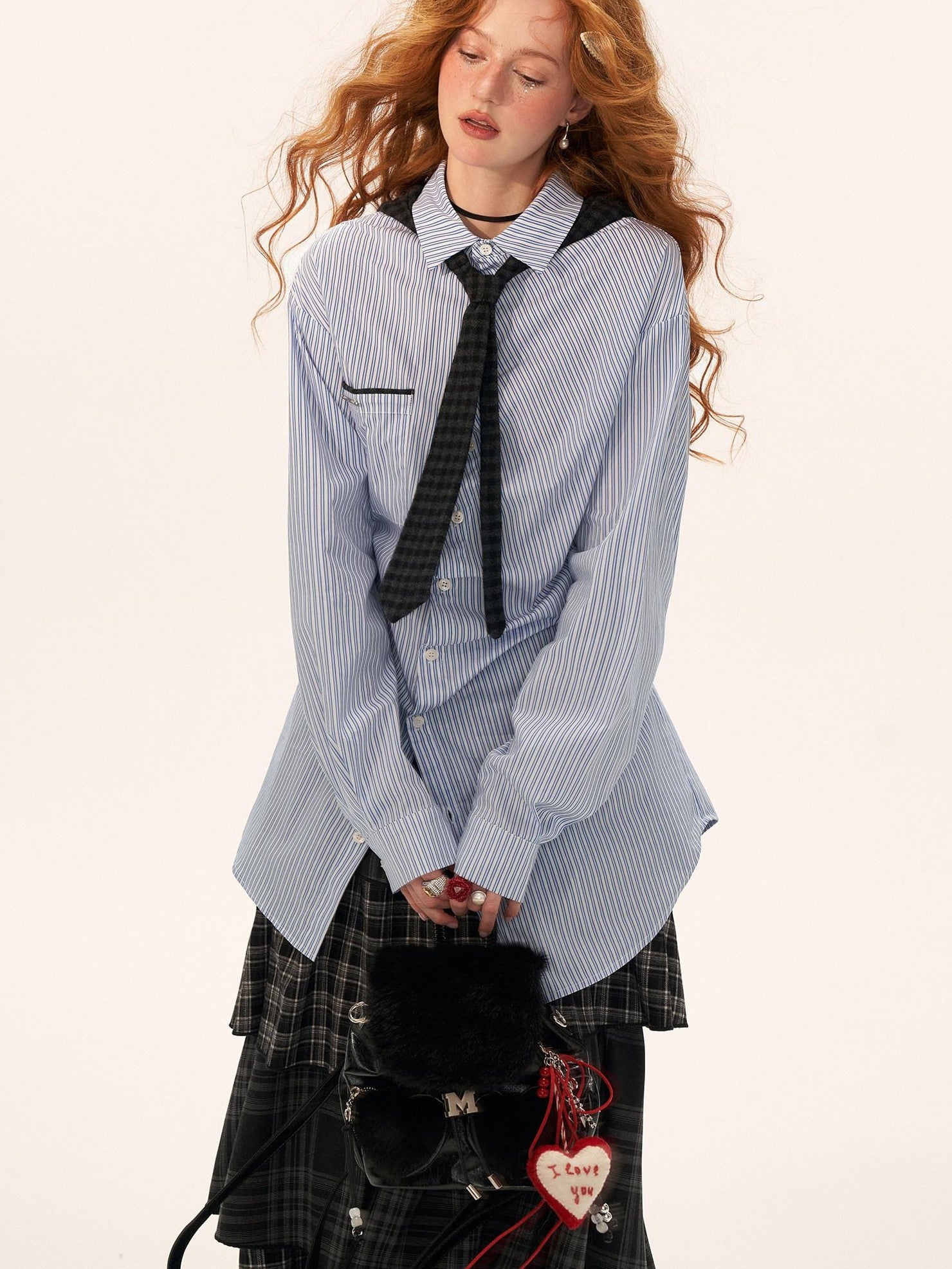mamc Longline Striped Bow Tie Long Sleeve Women's Cotton Oversized Shirts