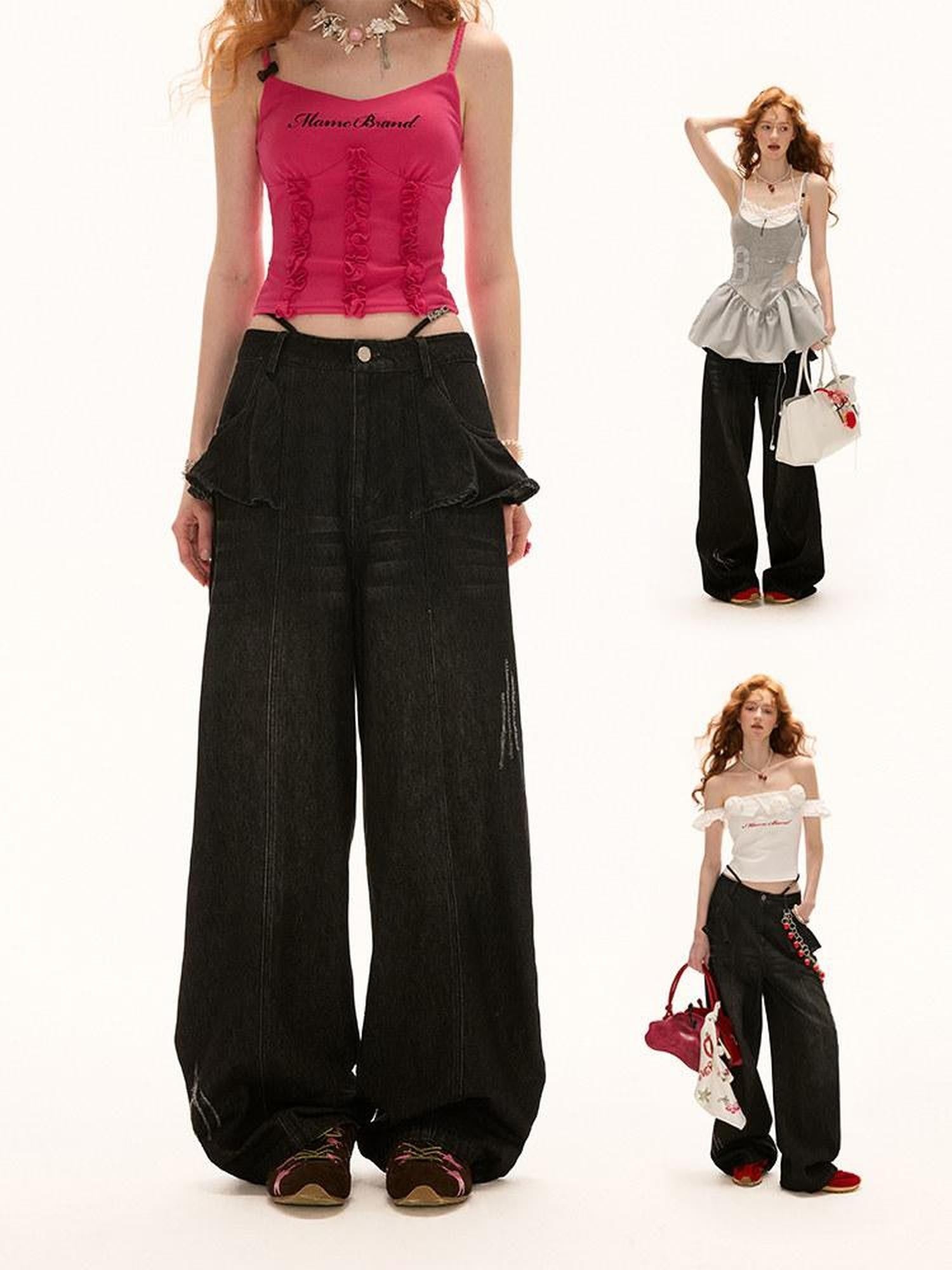 mamc Lotus Ruffle Vintage Relaxed Loose Women's Cotton Straight-leg Jeans