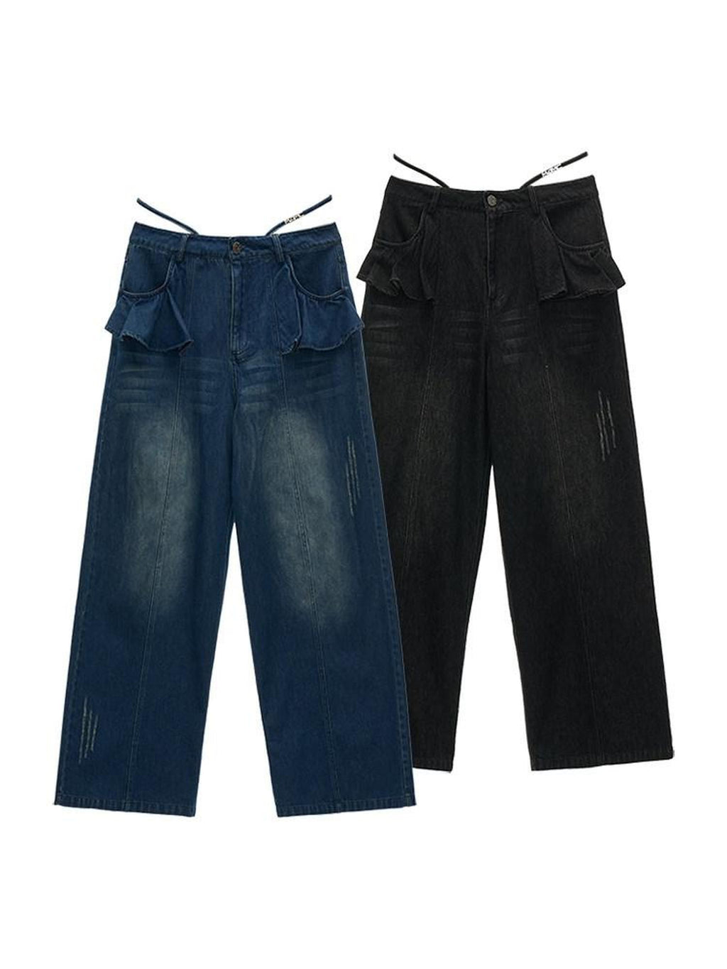 mamc Lotus Ruffle Vintage Relaxed Loose Women's Cotton Straight-leg Jeans