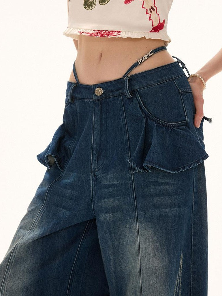 mamc Lotus Ruffle Vintage Relaxed Loose Women's Cotton Straight-leg Jeans