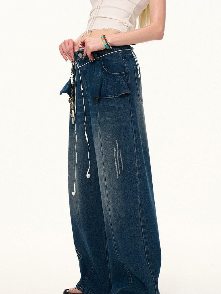 mamc Lotus Ruffle Vintage Relaxed Loose Women's Cotton Straight-leg Jeans