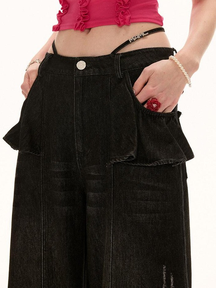 mamc Lotus Ruffle Vintage Relaxed Loose Women's Cotton Straight-leg Jeans