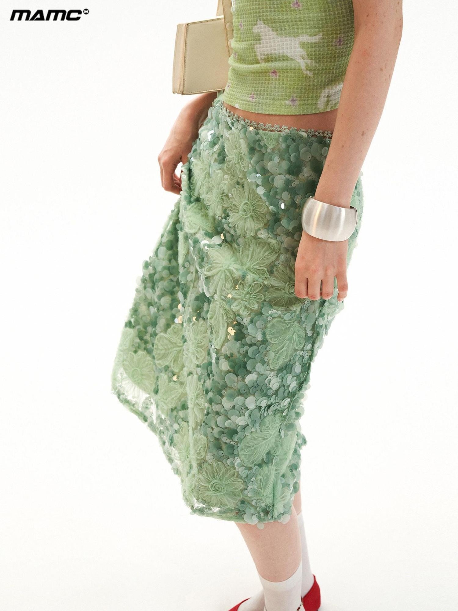 mamc Mint Green Sequin Embroidered A Line Women's Polyester Midi Skirts