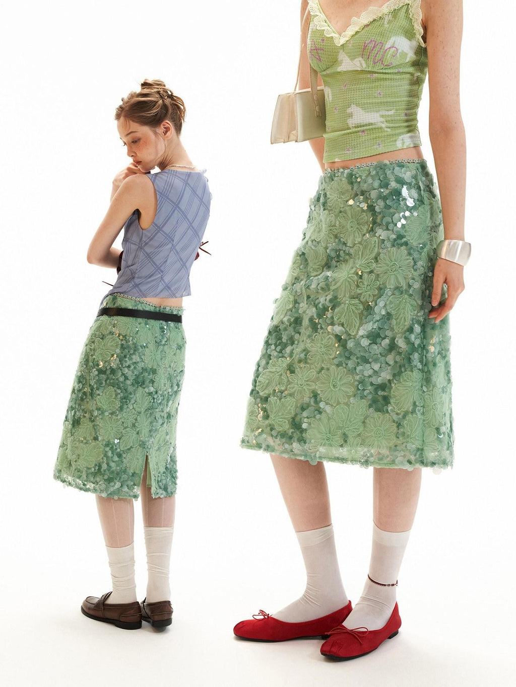 mamc Mint Green Sequin Embroidered A Line Women's Polyester Midi Skirts