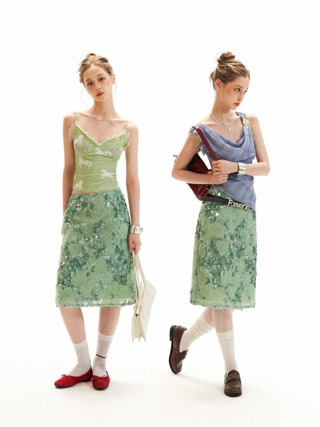 mamc Mint Green Sequin Embroidered A Line Women's Polyester Midi Skirts