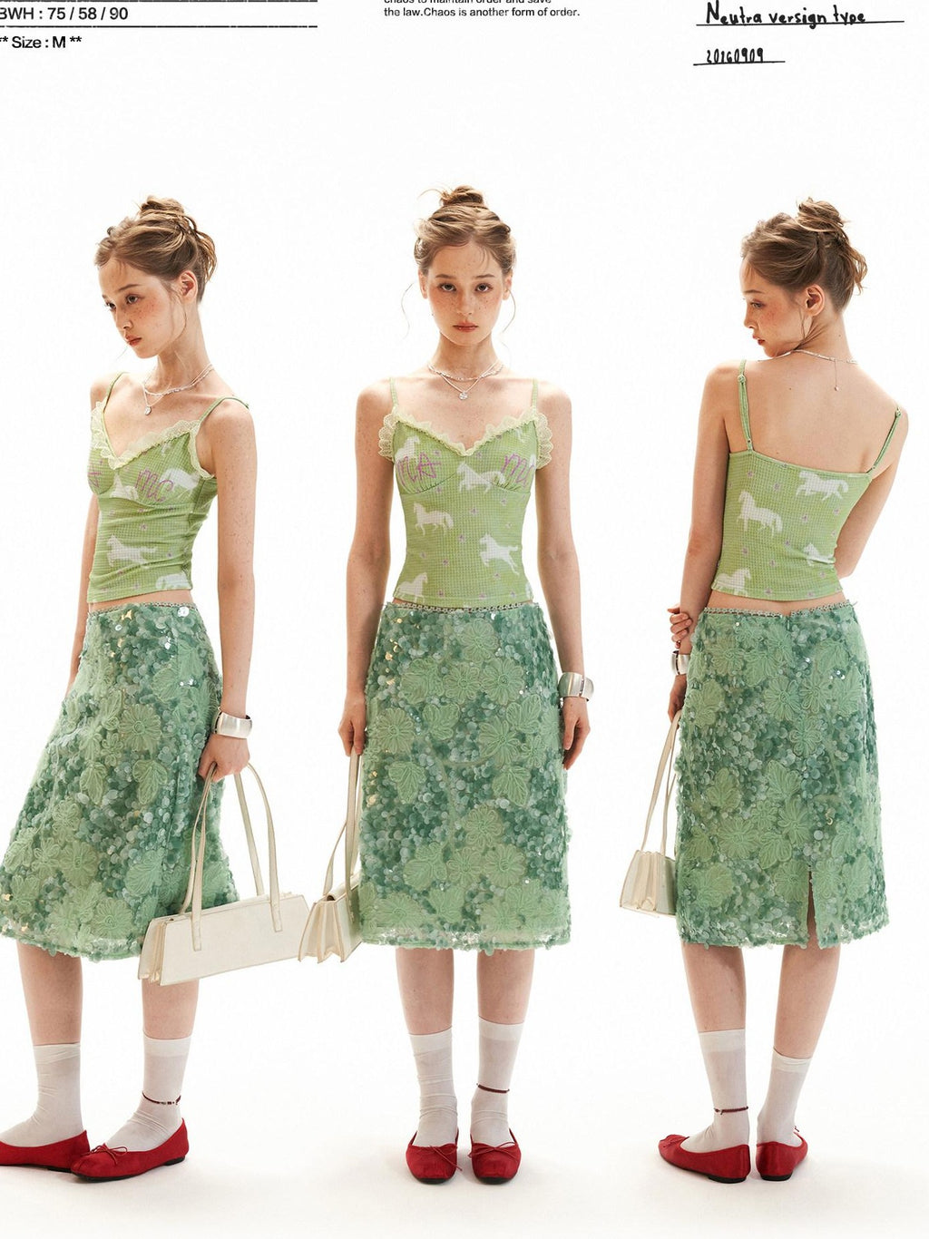 mamc Mint Green Sequin Embroidered A Line Women's Polyester Midi Skirts
