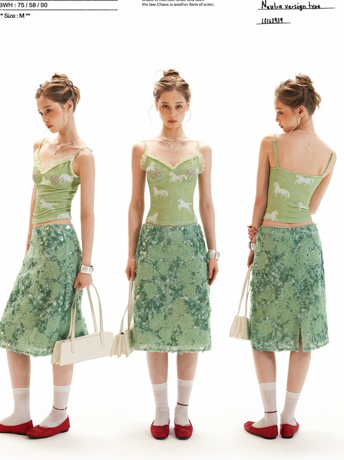mamc Mint Green Sequin Embroidered A Line Women's Polyester Midi Skirts