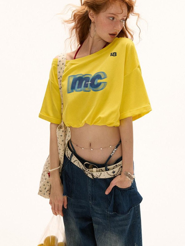 mamc Off Shoulder Asymmetric Logo Print Cropped Women's Cotton Short Sleeve T-shirts