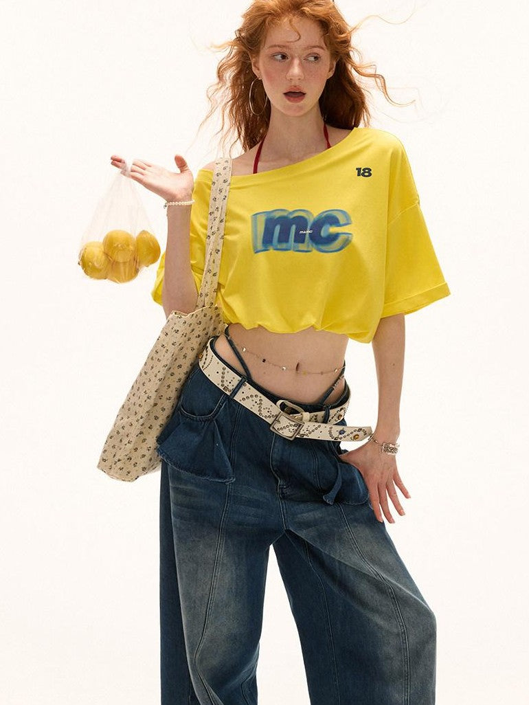 mamc Off Shoulder Asymmetric Logo Print Cropped Women's Cotton Short Sleeve T-shirts