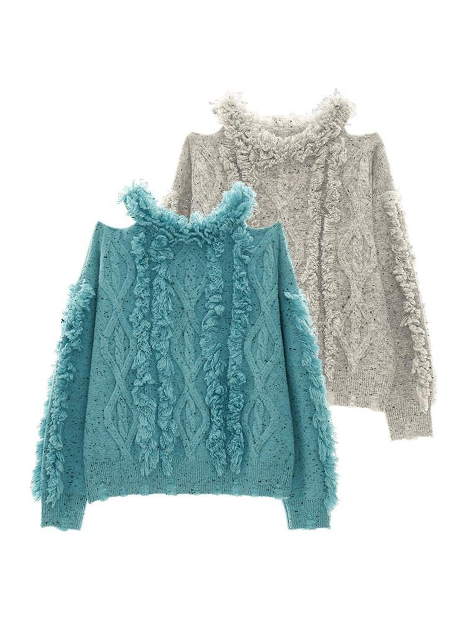 mamc Off Shoulder Distressed Fringe Loose Women's Acrylic Blend Sweaters