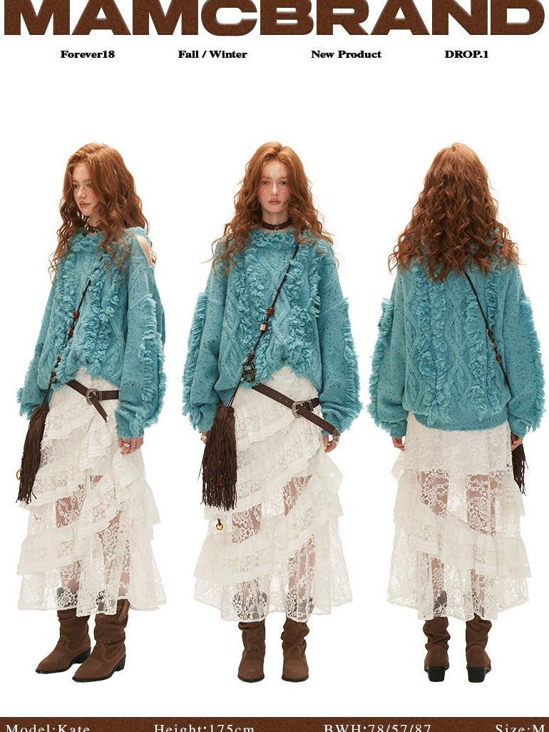 mamc Off Shoulder Distressed Fringe Loose Women's Acrylic Blend Sweaters
