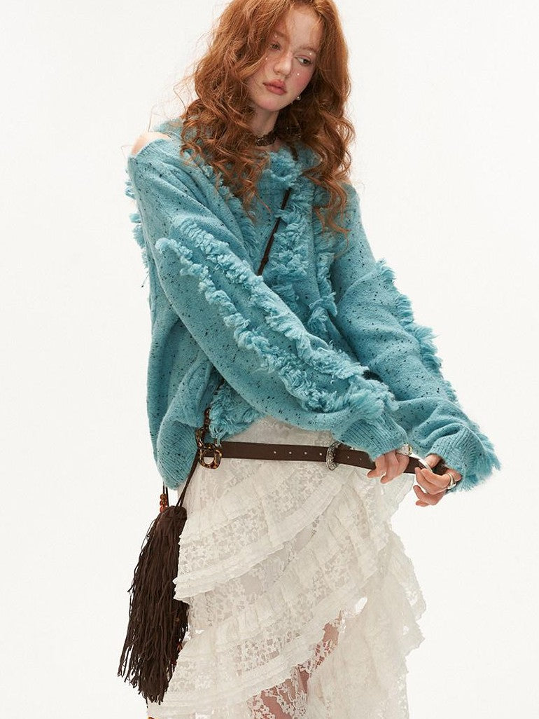mamc Off Shoulder Distressed Fringe Loose Women's Acrylic Blend Sweaters