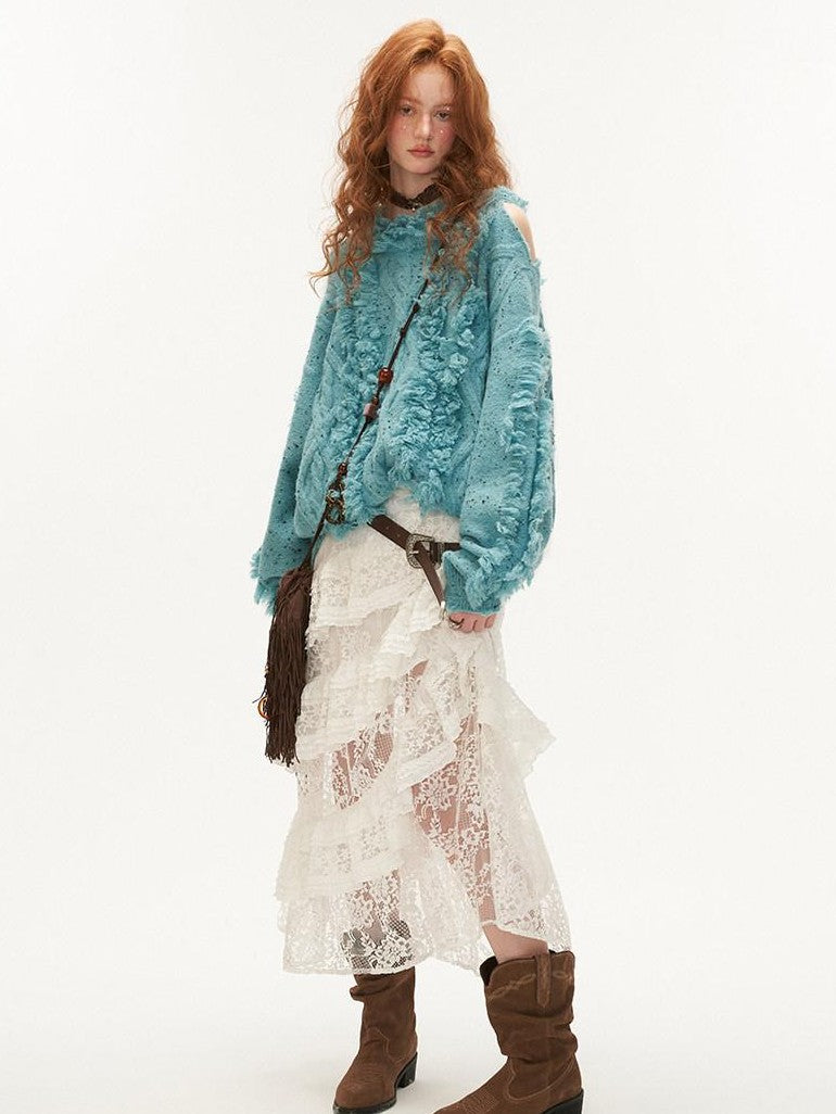 mamc Off Shoulder Distressed Fringe Loose Women's Acrylic Blend Sweaters