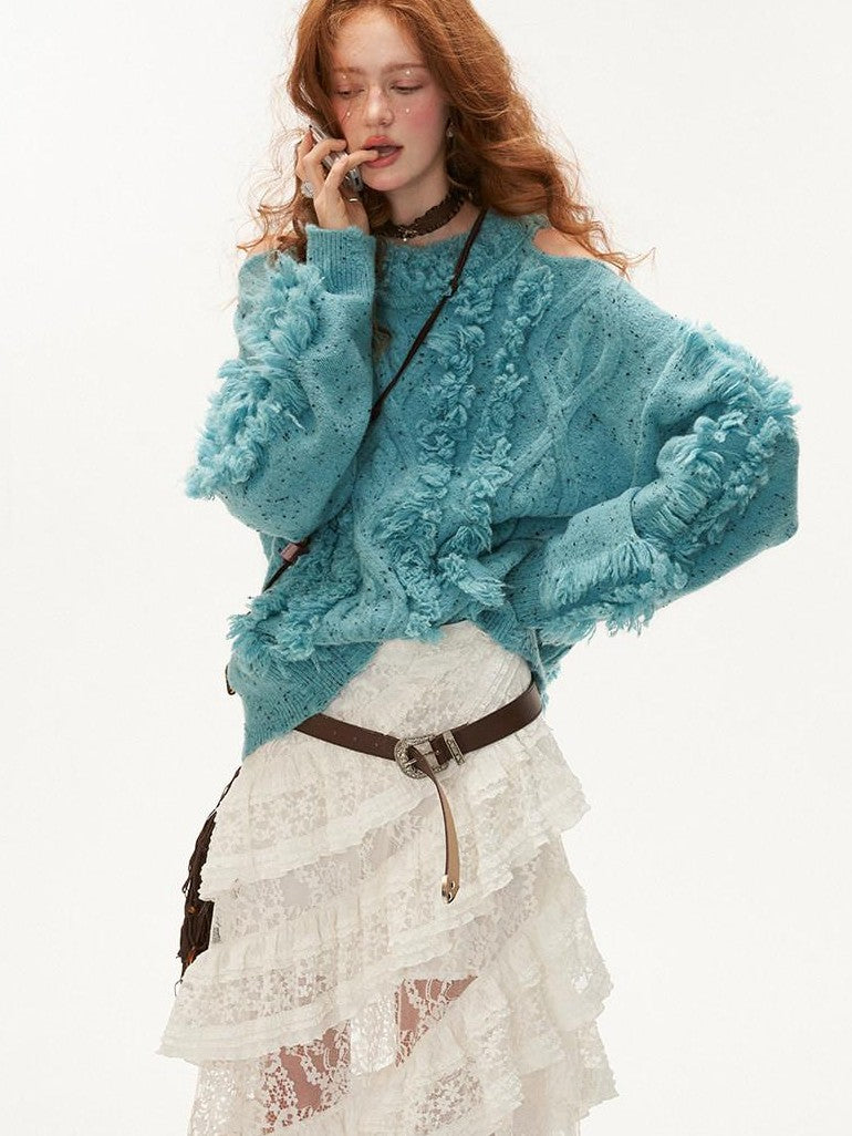 mamc Off Shoulder Distressed Fringe Loose Women's Acrylic Blend Sweaters
