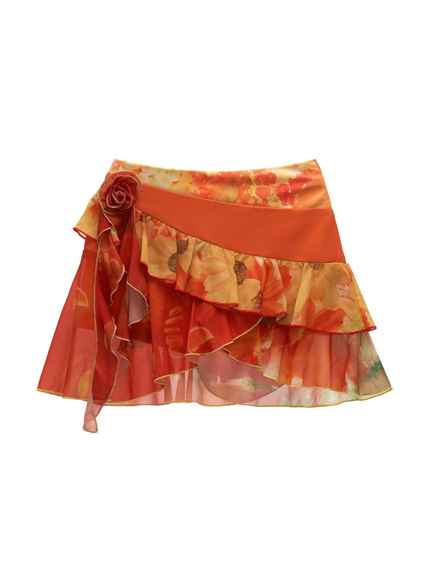 mamc Orange Floral 3d Embellished Asymmetric Women's Polyester Mini Skirts