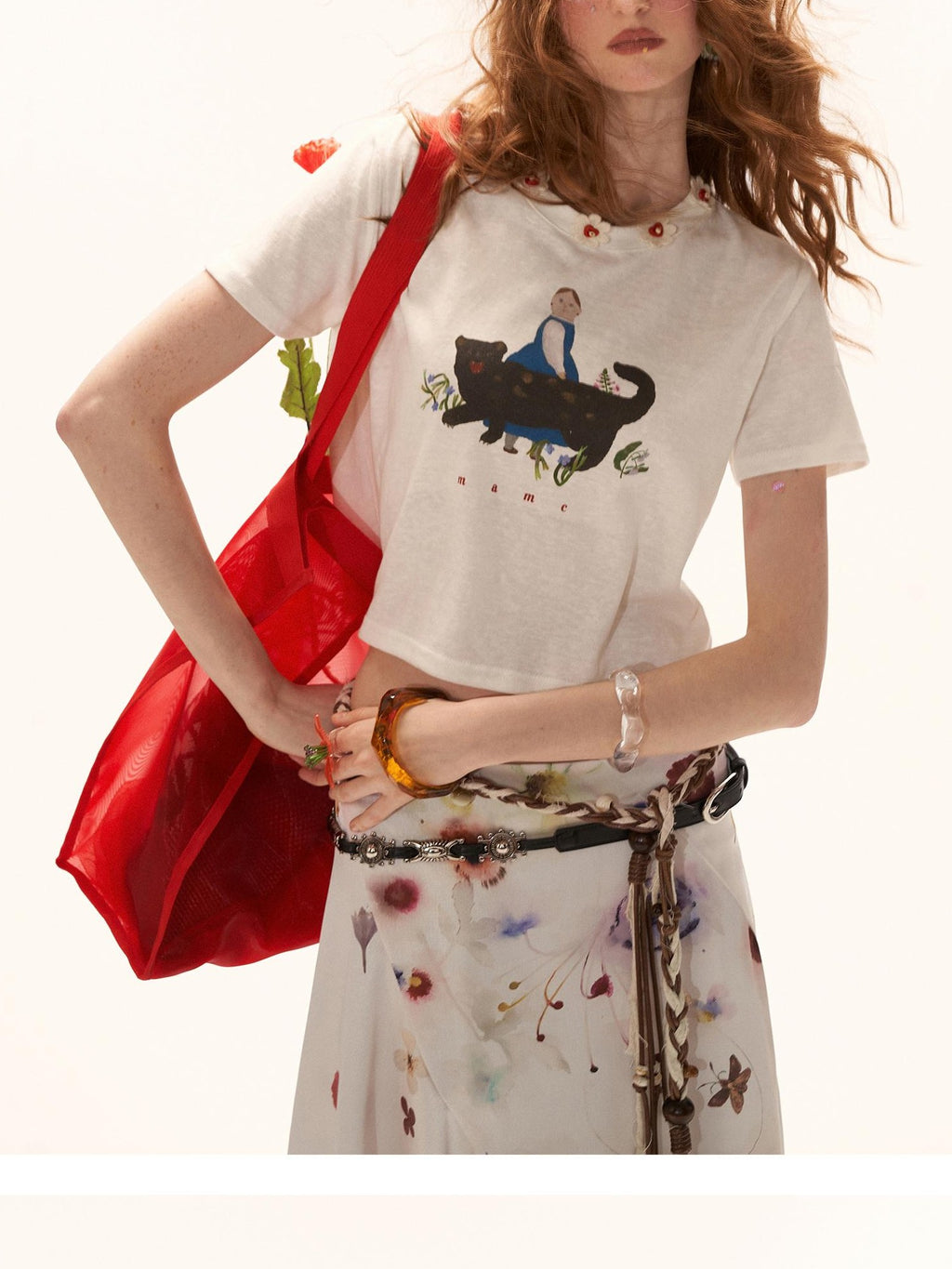 mamc Panther Oil Painting Print Slim Fit Women's Cotton Crop Tops