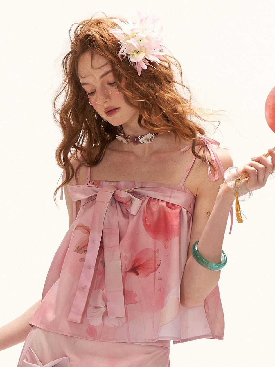 mamc Peach Bow Spaghetti Strap Women's Polyester Loose Fit Tube Tops