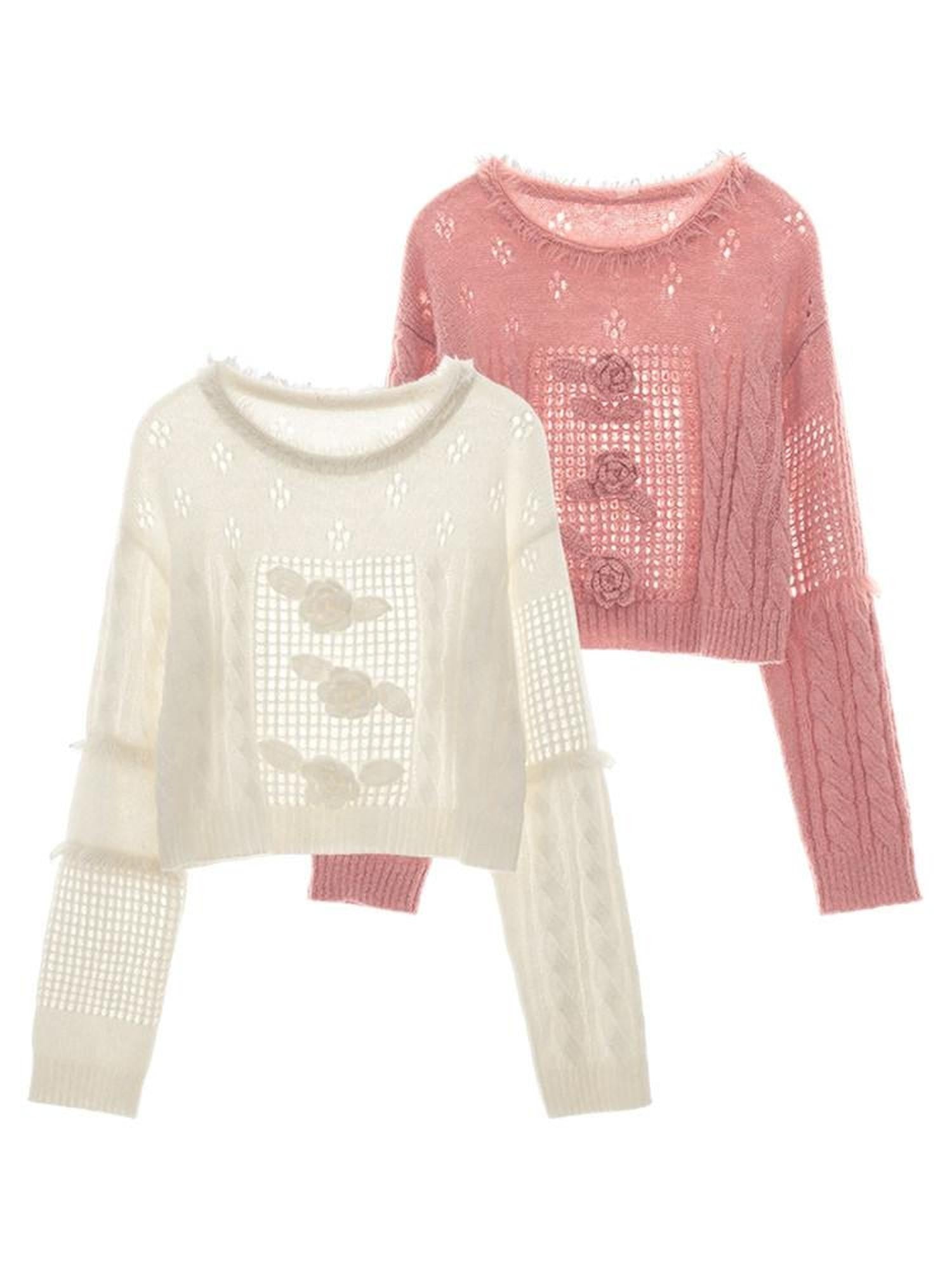 mamc Pink 3d Rose Openwork Fluffy Collar Women's Acrylic Wool Blend Sweaters