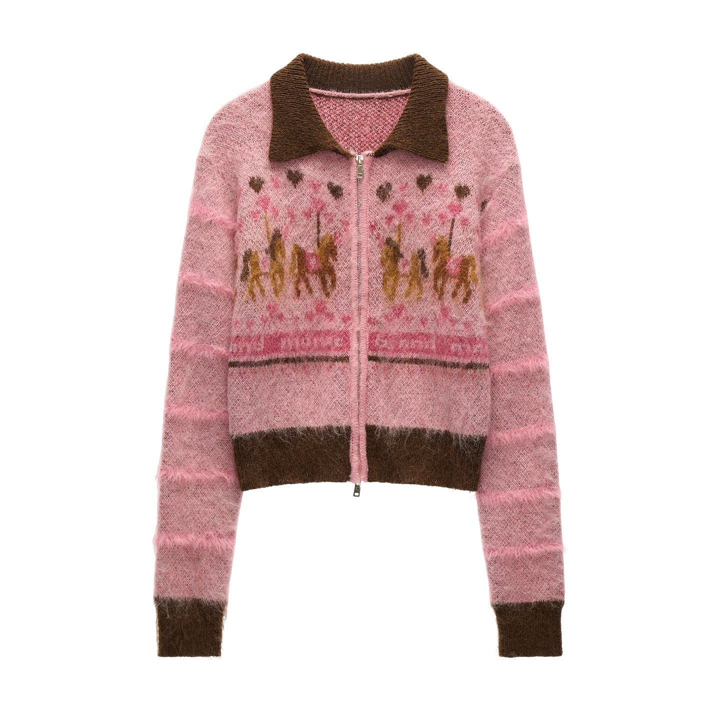 mamc_Pink_Animal_Motif_Zippered_Collared_Fitted_Women's_Polyester_Blend_Cardigans_986134726148_MISSTT