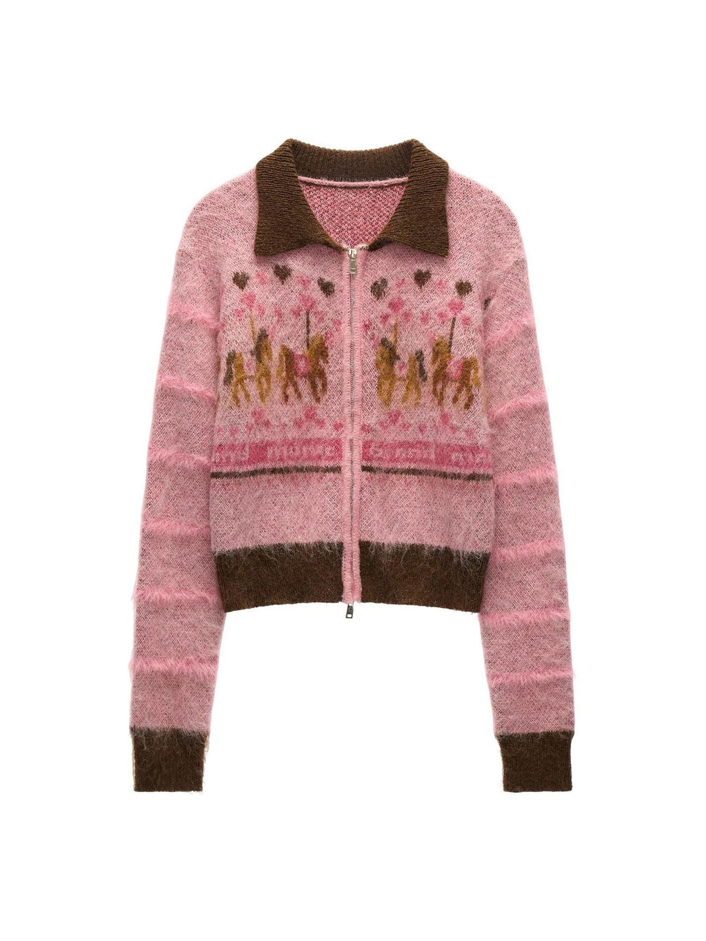 mamc Pink Animal Motif Zippered Collared Fitted Women's Polyester Blend Cardigans