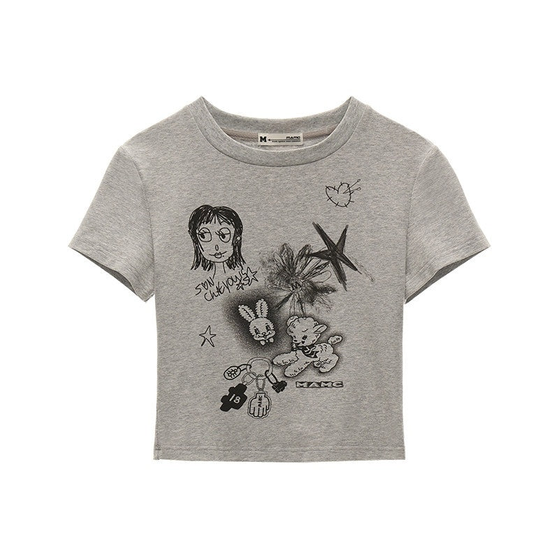mamc_Pink_Cartoon_Print_Crewneck_Slim_Women's_Polyester_Blend_Crop_Tops_915922712031_MISSTT