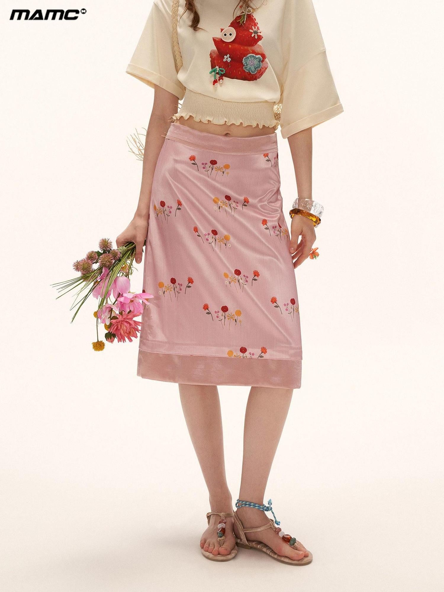 mamc Pink Floral Satin Midi Back Slit Women's Polyester Blend A-line Skirts