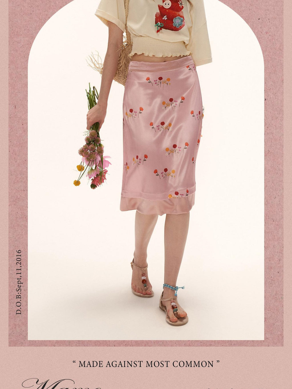 mamc Pink Floral Satin Midi Back Slit Women's Polyester Blend A-line Skirts