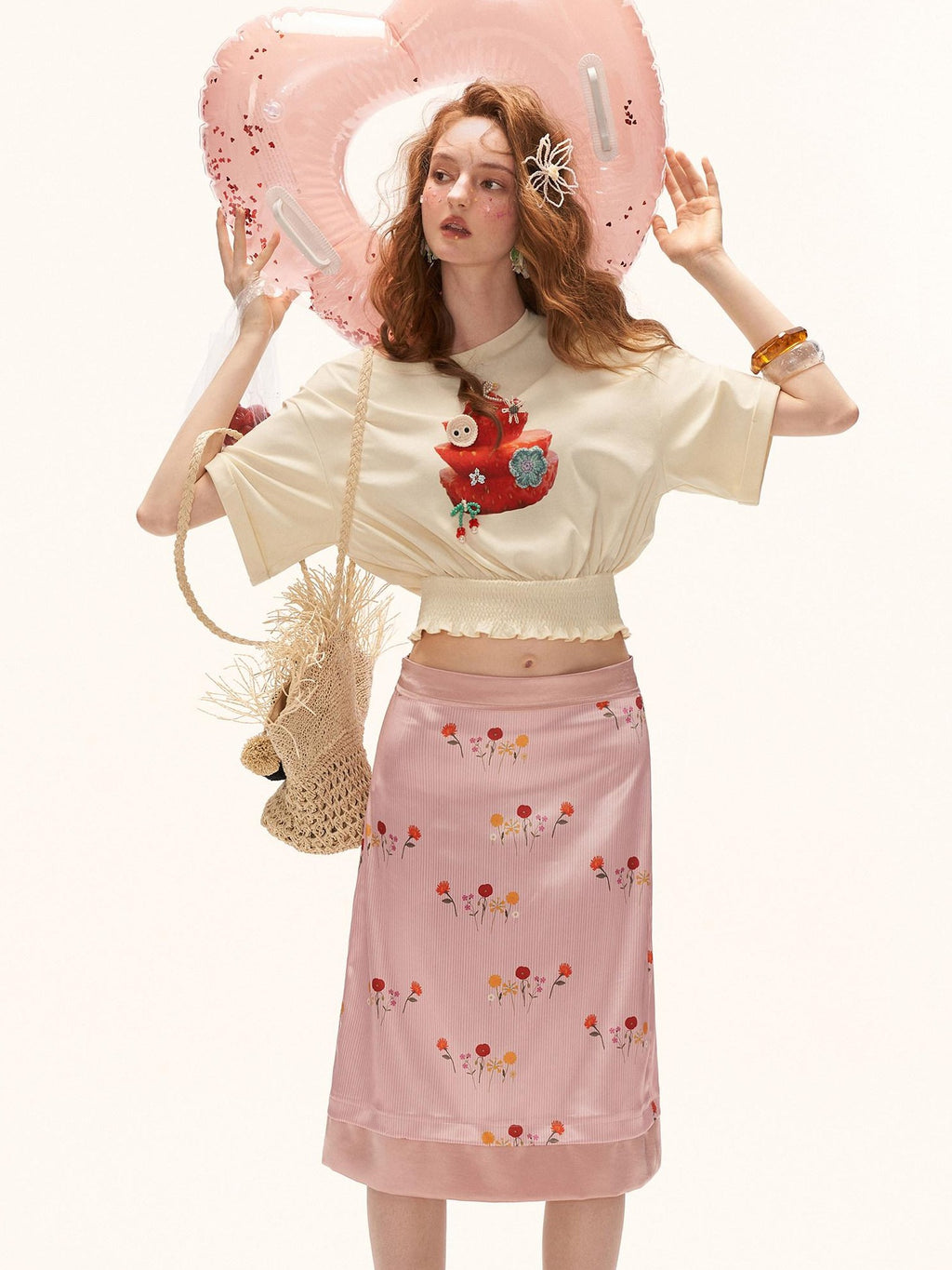 mamc Pink Floral Satin Midi Back Slit Women's Polyester Blend A-line Skirts