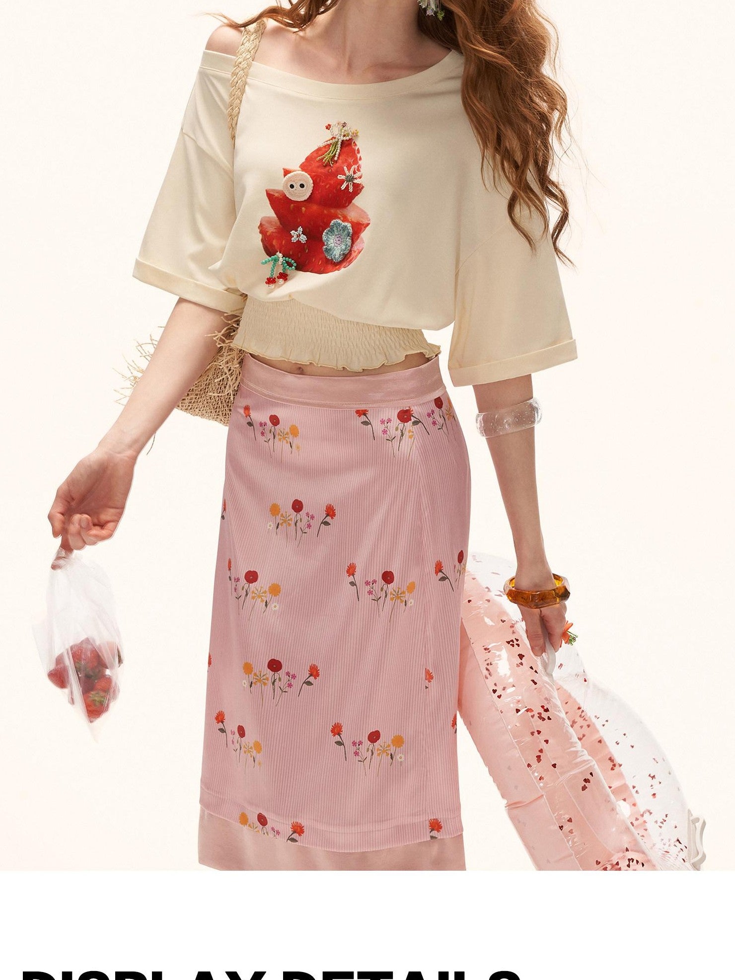 mamc Pink Floral Satin Midi Back Slit Women's Polyester Blend A-line Skirts