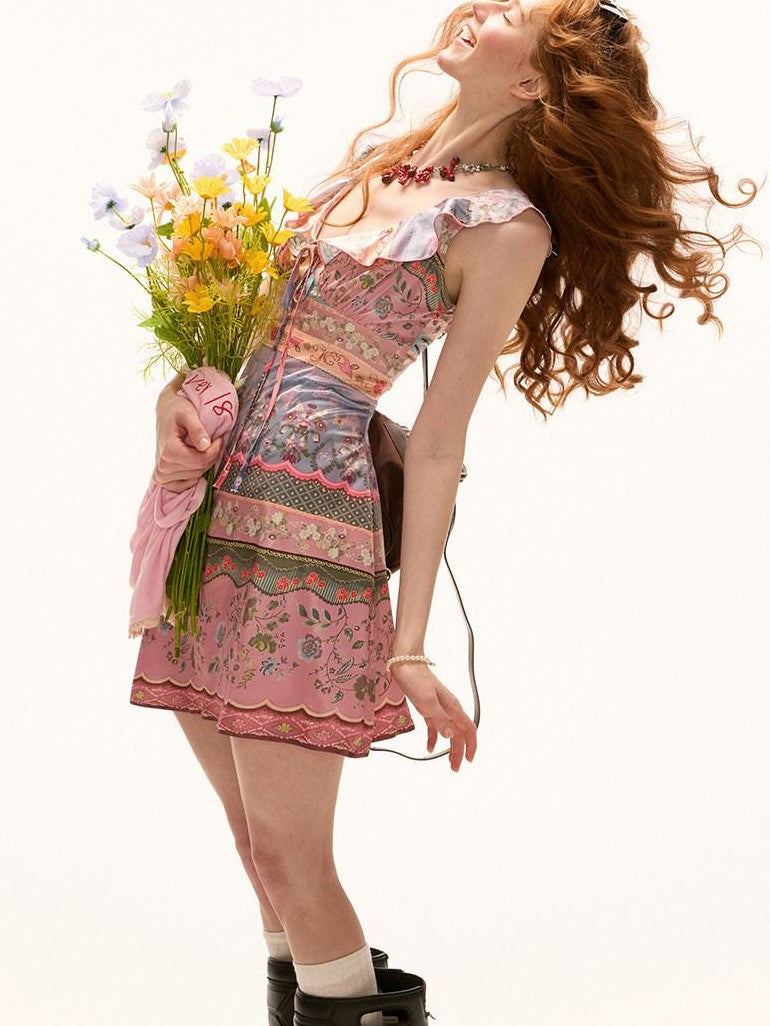 mamc Pink Ruffle Floral Stripe Cami Waist Women's Polyester Slip Mini Dresses