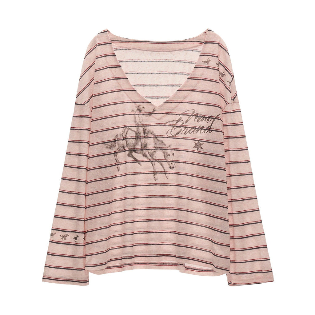 mamc_Pink_Striped_Casual_Oversized_V-neck_Women's_Long_Sleeve_T-shirts_966279498958_MISSTT