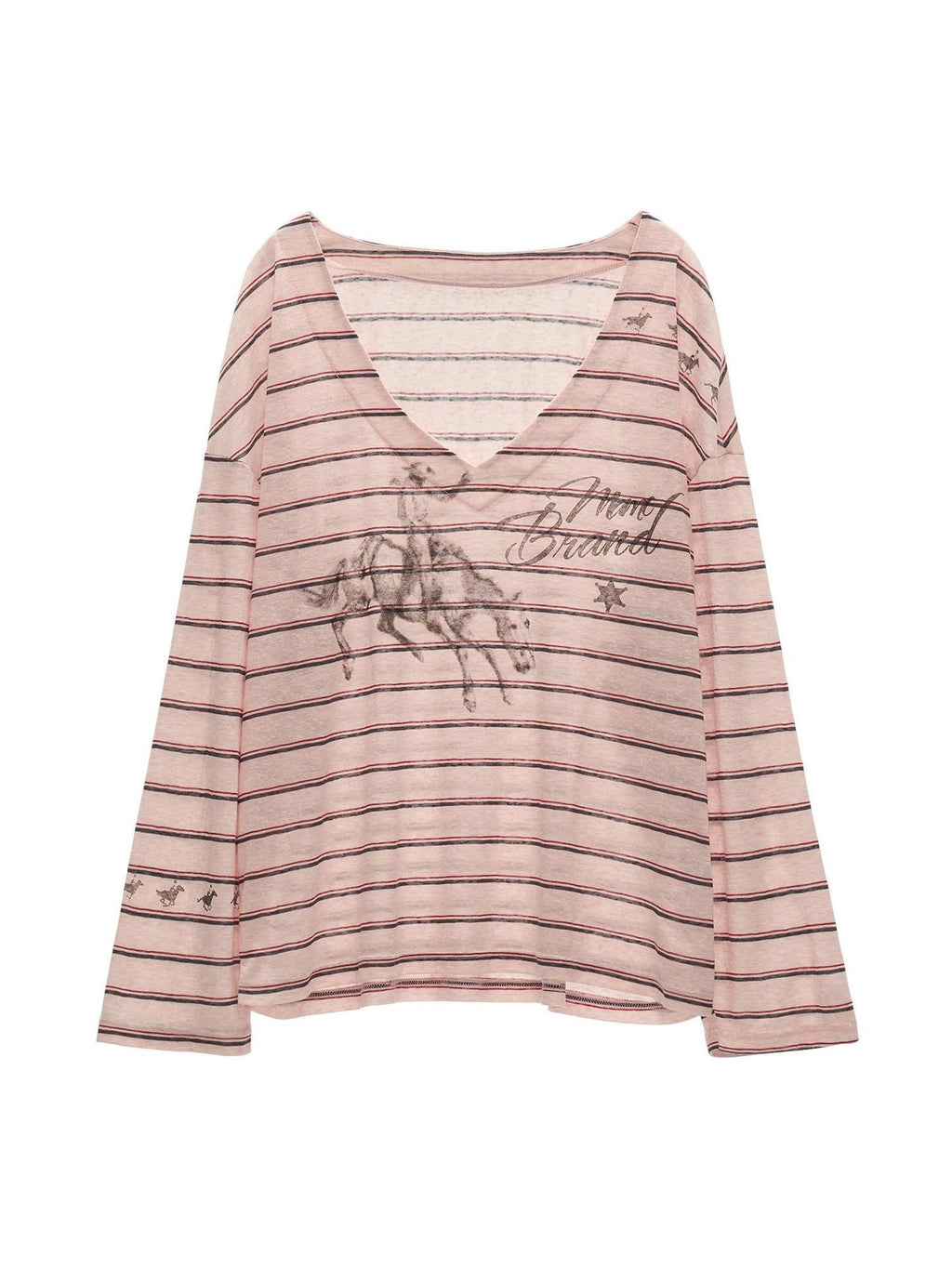 mamc Pink Striped Casual Oversized V-neck Women's Long Sleeve T-shirts