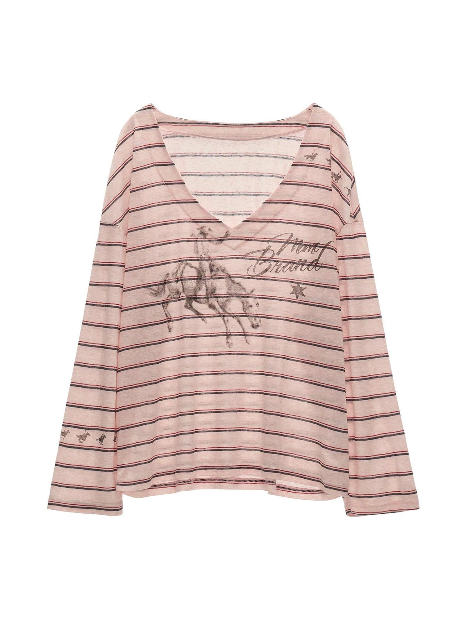 mamc Pink Striped Casual Oversized V-neck Women's Long Sleeve T-shirts